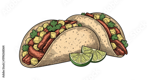 A colorful illustration of three tacos with lime wedges on a white background