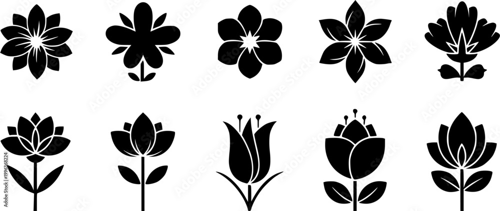 Obraz premium Flower icon set silhouettes, Abstract flower icon