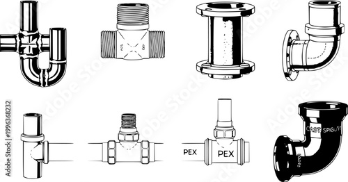 Collection of realistic plumbing pipes from different materials. Detailed illustrations.
