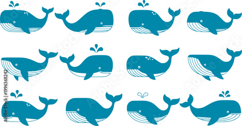 Blue whale icons. Flat vector illustration of blue whale. Decorative cute illustration for children. Graphic design elements for print and web.
