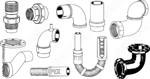 Collection of realistic plumbing pipes from different materials. Detailed illustrations.
