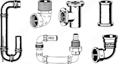 Collection of realistic plumbing pipes from different materials. Detailed illustrations.
