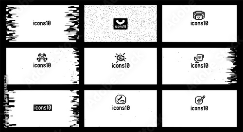 Retro monochrome bitmap glitch backgrounds with dithering effect, abstract 1-bit pixel art VHS distortion texture. Damaged analog video frame, distorted TV screen bitmap overlay vector background set