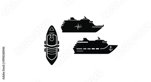 Black silhouettes of cruise ships and submarine on white background, ocean transportation icons, nautical vessels, travel and tourism concept