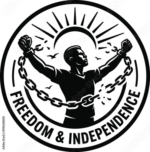 Black and white illustration of man breaking free from chains