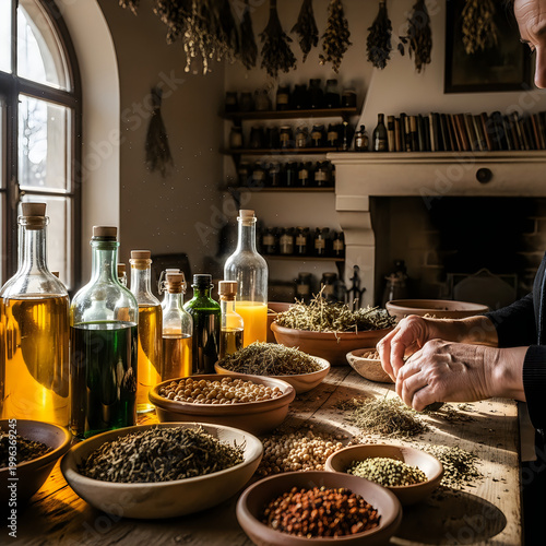 Apothecary preparing herbal remedies in a rustic workshop