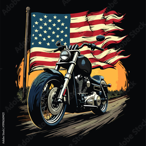 Vector design with drawing
biker motorcycle with torn national usa flag 
on black background. 
Fashion american t-shirt print 
for fabric, paper, men clothing,
hoodie, biker jacket. T shirt template.