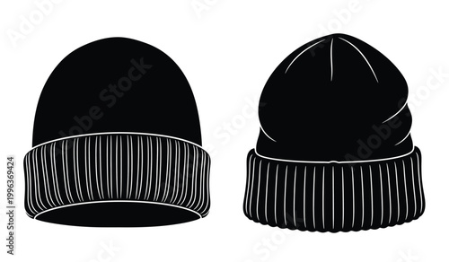 Two black knit beanies are displayed against a white background showcasing differing styles and textures a stark silhouette high quality professional detailed modern elegant