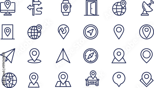 Navigation and location icon set featuring map pins compass gps directions and travel interface elements for modern app design