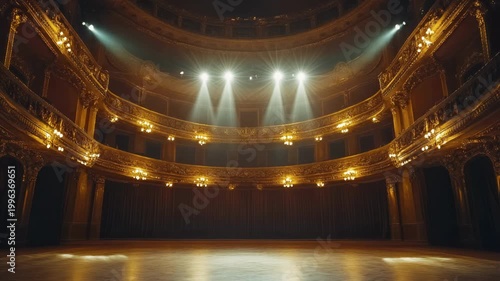 Enjoy the stunning view of the ornate theaters interior, illuminated by colorful spotlights that create ambiance