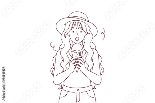 Coloring page of an amazed young woman in a hat looking at a giant ice cream cone. Humorous line art for storytelling and artistic expression.