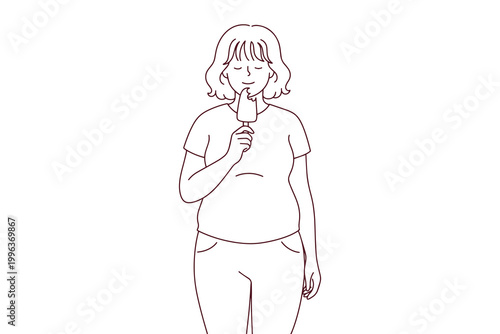 Coloring page of a plus-size woman enjoying a chocolate-covered ice cream bar. Line art for body positivity and everyday lifestyle coloring activities.