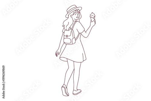 Coloring page of a woman tourist with a backpack enjoying an ice cream while walking. Educational line art for adventure and tourism themes.