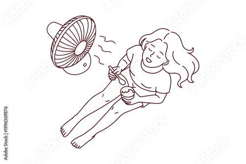 Coloring page of a woman lying near a fan and eating sorbet from a bowl to stay cool. Line art for summer safety and mindfulness education.