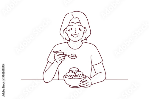 Coloring page of an elderly woman sitting at a table and enjoying a bowl of ice cream with topping. Simple line art for creative leisure and food themes.