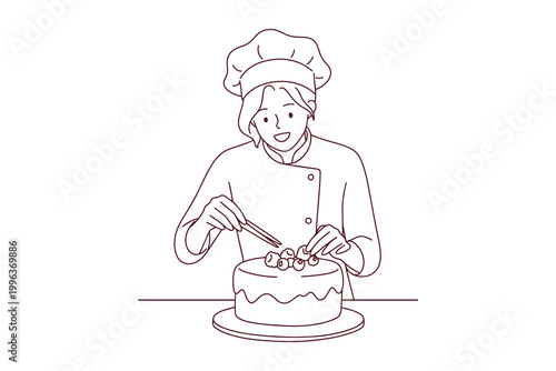 Detailed line art of a pastry chef carefully decorating a cake with fresh berries in a kitchen. Professional career and hobby illustration for coloring.