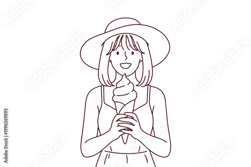 Coloring page of a smiling young woman in a straw hat holding a soft-serve ice cream cone. Bright and joyful summer line art for creative projects.