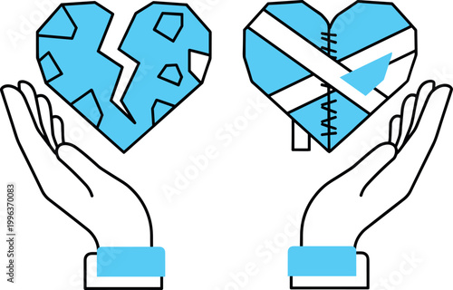 Two hands holding broken heart and stitched mended heart, transformation healing love compassion recovery concept, vector illustration artwork