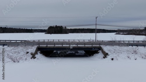Winter aerial view featuring the Bellamy Reservoir in Madbury, New Hampshire