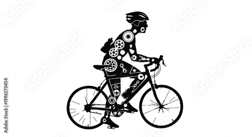 Cyclist rider silhouette with mechanical gears and cogs, biking on bicycle with innovative technology design elements, symbolizing eco-friendly transportation and sustainable energy solutions