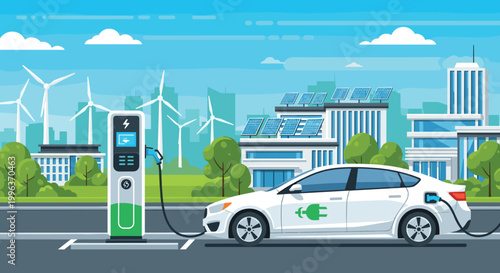 Electric vehicle charging station with a white car in an urban setting with wind turbines and solar panels, Generative AI.