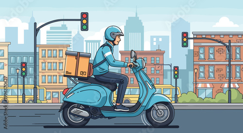 Delivery person riding a scooter through a city with a package, Generative AI.