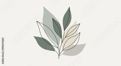 Minimalist illustration of a leafy branch with abstract shapes in muted green and beige tones on a light background, Generative AI.