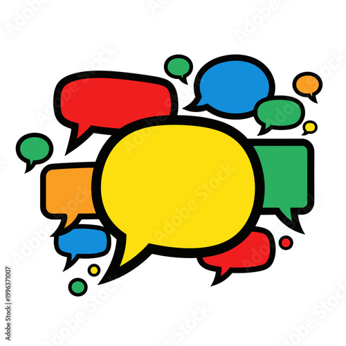 Colorful cartoon speech bubbles conversation.