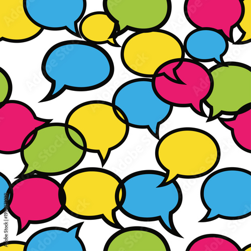 Colorful speech bubbles in various shapes.