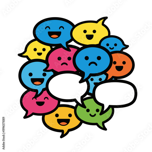 Colorful speech bubbles with emoticons.