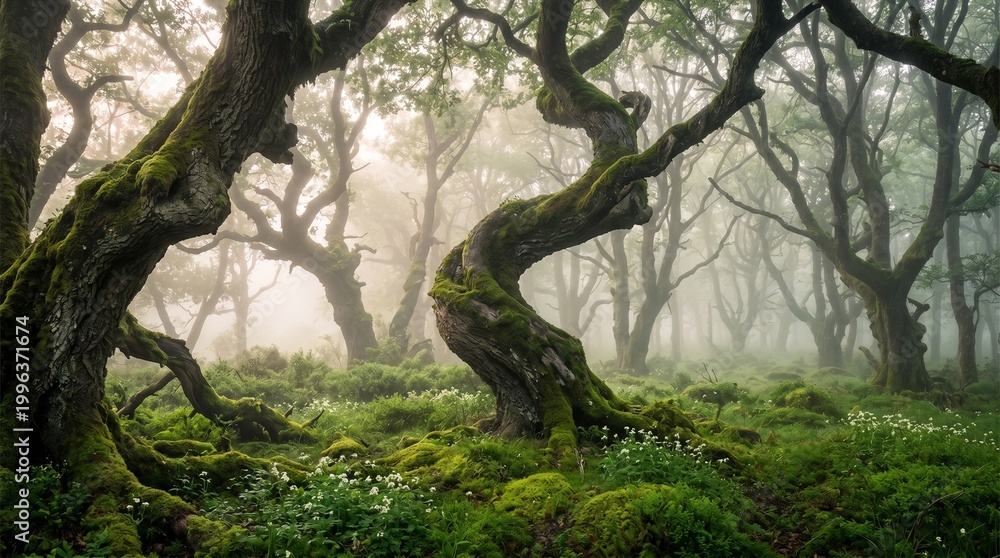 Fototapeta premium Ancient, twisted trees covered in thick green moss stand in a misty, ethereal forest. Soft light filters through the fog, illuminating a lush floor of ferns and tiny white wildflowers.