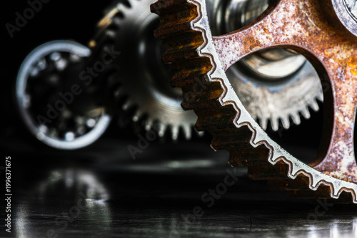 Gearbox clutch shaft and a timing shaft gear wheel with visible wear, symbolizing mechanical work, cooperation, and synchronization in an industrial environment