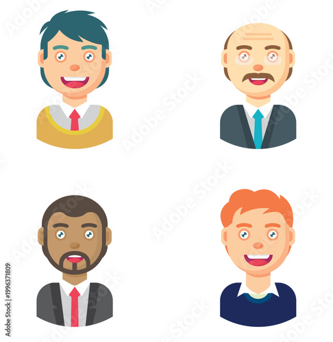 Set of male avatar characters with different hairstyles expressions and appearances flat vector illustration for profiles icons and user interface design