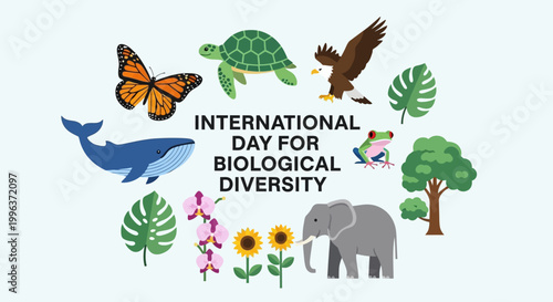 International Day for Biological Diversity celebration with various animals and plants.