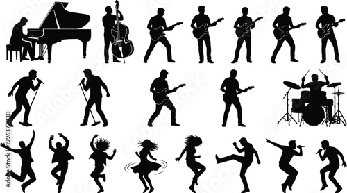 Musician and dancer silhouettes collection featuring guitarists drummer pianist singer and energetic dance poses isolated on white background vector set