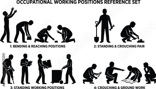 Occupational working positions set, bending reaching standing crouching postures, ergonomics safety reference, construction worker silhouettes illustration isolated on white background