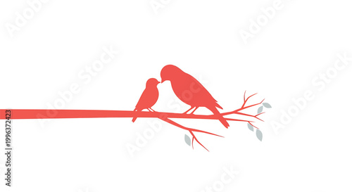 Birds on branch, red bird silhouettes, couple of birds, love birds, vector illustration