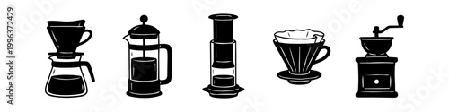 Collection of black and white silhouette icons representing manual coffee brewing methods, including pour-over dripper, french press, aeropress, and a manual hand coffee grinder.