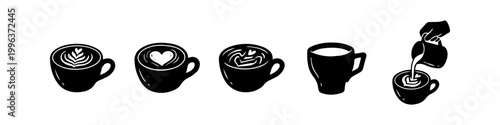 Set of minimalist black and white coffee icons featuring latte art patterns like hearts and leaves, including a hand pouring milk. Ideal for cafe branding and menu design.