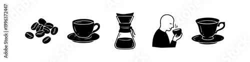 Minimalist black and white coffee icon set featuring coffee beans, cups, a pour-over carafe, and a person enjoying the aroma. Perfect for cafe branding, menus, and morning-themed designs.