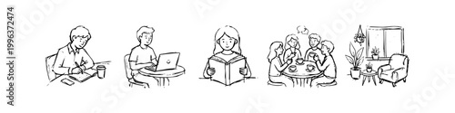 Set of hand-drawn minimalist sketches showing people studying, working on a laptop, reading, socializing at a cafe, and a cozy interior. Line art vector icons for lifestyle and productivity.