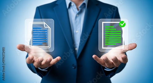 Business professional presenting digital battery life concepts with glowing smartphone displays