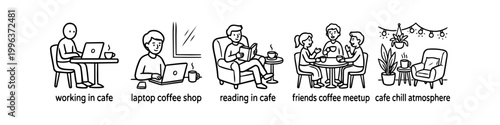 Minimalist black and white hand-drawn doodles of cafe life: people working on laptops, reading books, friends socializing, and cozy coffee shop interiors with plants and string lights.