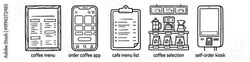 Hand-drawn coffee shop icons featuring a menu board, mobile ordering app, clipboard list, coffee selection station, and self-service kiosk. Minimalist black and white line art illustrations.