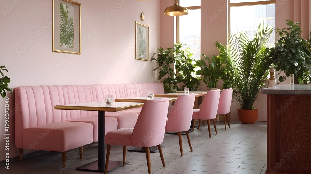 Fototapeta premium Bright and elegant interior of a modern cafu00e9 featuring soft pink seating natural wood tables and lush tropical plants near large