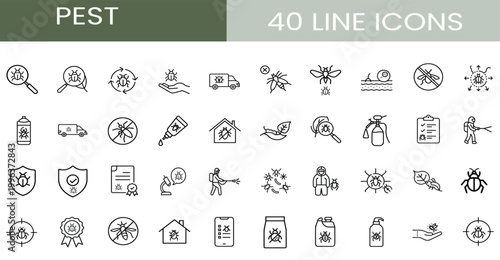 Pest control line icons set chemical insecticide spray protection shield service truck exterminator equipment bug tracker & more vector illustration with editable stroke.