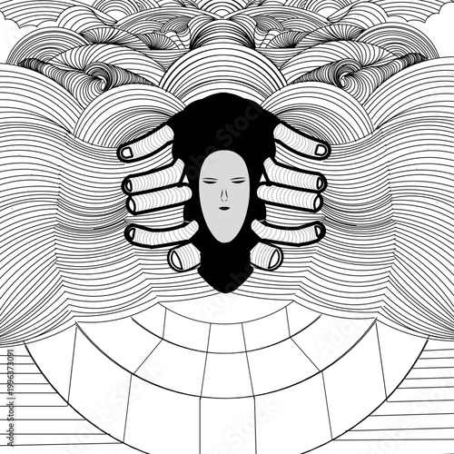 A surreal black-and-white illustration. A serene face against a black silhouette background, surrounded by 10 striped fingers arranged symmetrically. The background features an endless pattern of ove
