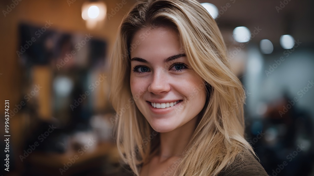 Obraz premium Warm and confident portrait of a smiling woman in a sophisticated indoor setting