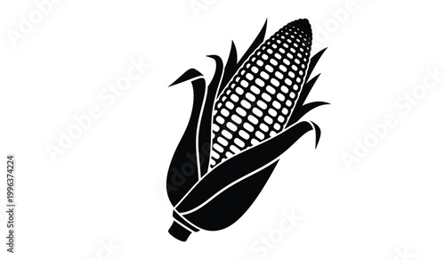 A striking black silhouette depicts a single ear of corn with detailed kernels and vibrant husk leaves silhouette high quality professional modern elegant stylish