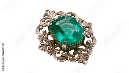 Obraz na płótnie Ornate silver brooch with large faceted emerald gemstone, isolated on transparen
